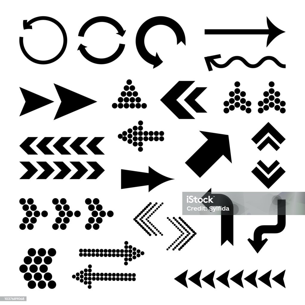 Set di frecce nere diverse, illustrazione vettoriale - arte vettoriale royalty-free di Segno di freccia