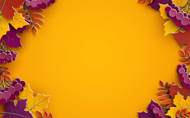 Autumn background, tree paper leaves, yellow backdrop, design for fall season sale banner, poster or thanksgiving day greeting card, festival invitation, paper cut out art style, vector Autumn background, tree paper leaves, yellow backdrop, design for fall season sale banner, poster or thanksgiving day greeting card, festival invitation, paper cut out art style, vector illustration thanksgiving border stock illustrations