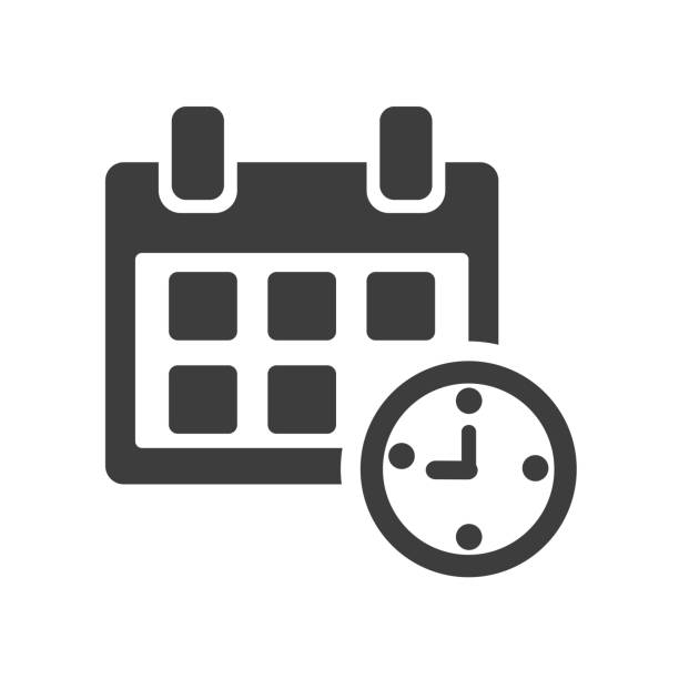 ilustrações de stock, clip art, desenhos animados e ícones de calendar and clock. black and white icon. vector illustration - calendar personal organizer clock diary