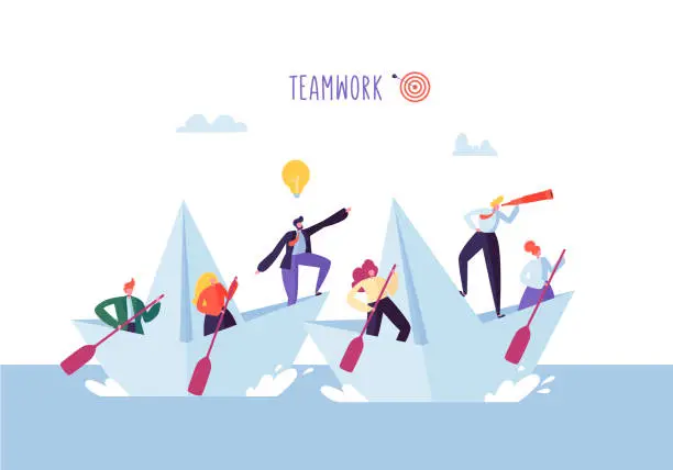 Vector illustration of Business People Floating on a Paper Ship. Flat Characters with Spyglass Sailing on Boats. Team Work and Leadership Concept. Vector illustration