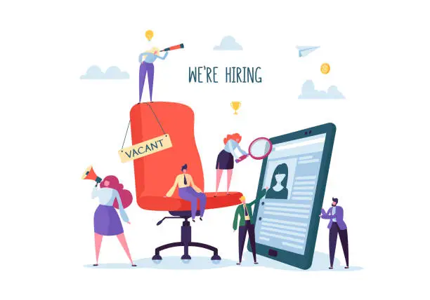 Vector illustration of Business People Hiring New Staff. Office chair with vacancy sign. Head Hunters. Flat Characters are Examining a Resume. Recruitment Agency. Vector illustration