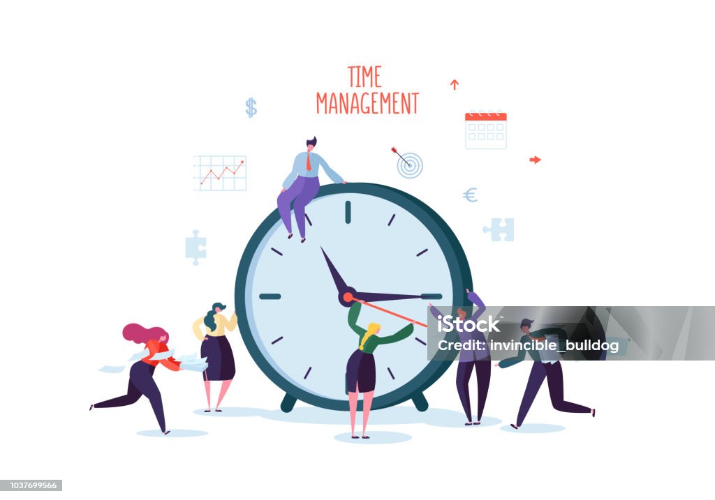 Time Management Concept. Flat Characters Organization Process. Business People Working Together Team Work. Vector illustration Time stock vector