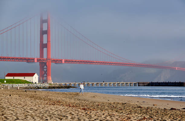 frau zu fuß am strand in der nähe von golden gate bridge - orange golden gate bridge tower suspension bridge stock-fotos und bilder