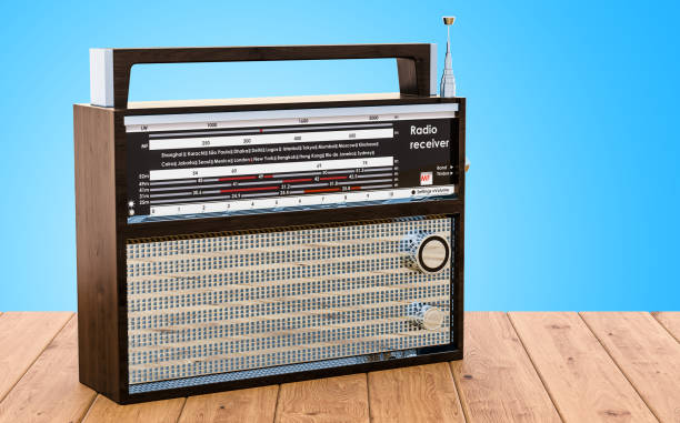 istock Radio receiver on the wooden desk, 3D rendering 1037711974
