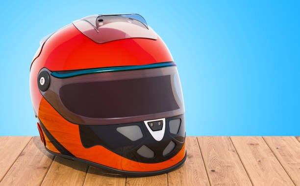 istock Racing Helmet on the wooden table, 3D rendering 1037711980