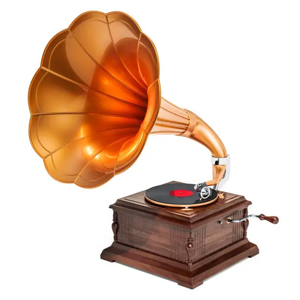 Retro phonograph, vintage gramophone. 3D rendering isolated on white background