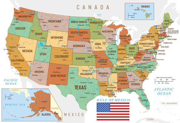 ilustraciones, imágenes clip art, dibujos animados e iconos de stock de mapa de estados unidos con las fronteras nacionales y de los ríos - mapa de los estados unidos y la bandera estadounidense