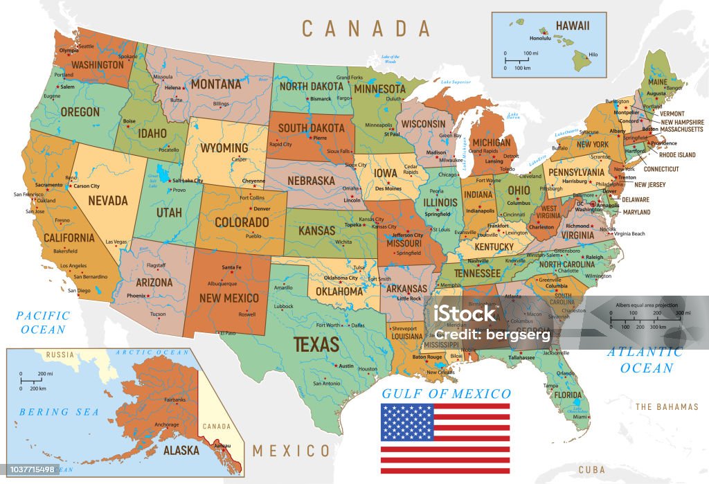 Map of USA with national borders and rivers USA vintage map with Hawaii, Texas, Florida and California states USA stock vector