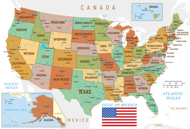 Map of USA with national borders and rivers USA vintage map with Hawaii, Texas, Florida and California states ohio symbols stock illustrations
