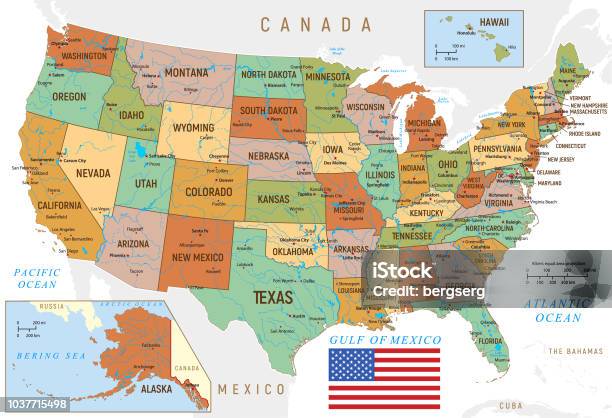 Map Of Usa With National Borders And Rivers Stock Illustration - Download Image Now - USA, Map, Old-fashioned