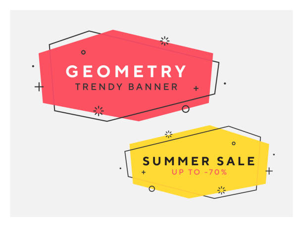 Set of trendy flat geometric vector banners. Vivid transparent banners in retro poster design style. Vintage colors and shapes. Red and yellow colors. 90s or 80s trendy style.