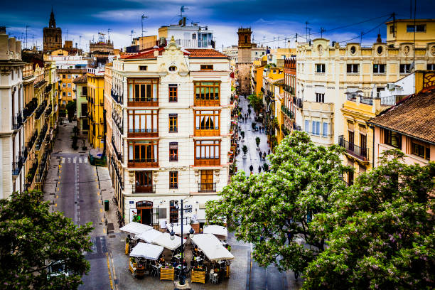 High angle view of Plaza del Furs and Náquera and Serranos streets in downtown Valencia -Spain shot from Serrano Towers. DSRL outdoors photo taken with Canon EOS 5D Mk II and Canon EF 17-40mm f/4L IS USM Wide Angle Zoom Lens