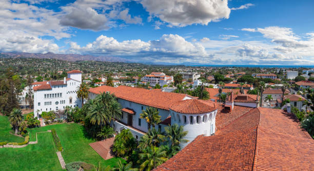 Historic Downtown Santa Barbara, California. Panoramic shot of Santa Barbara downtown historic buildings. In the foreground there is County Superior Court Building. In the background, public and residential part of Santa Barbara. santa barbara california stock pictures, royalty-free photos & images