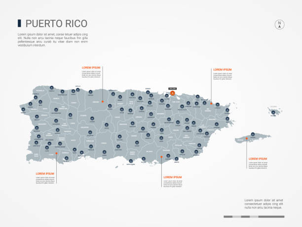 Puerto Rico infographic map vector illustration. Puerto Rico map with borders, cities, capital and administrative divisions. Infographic vector map. Editable layers clearly labeled. puerto rico stock illustrations