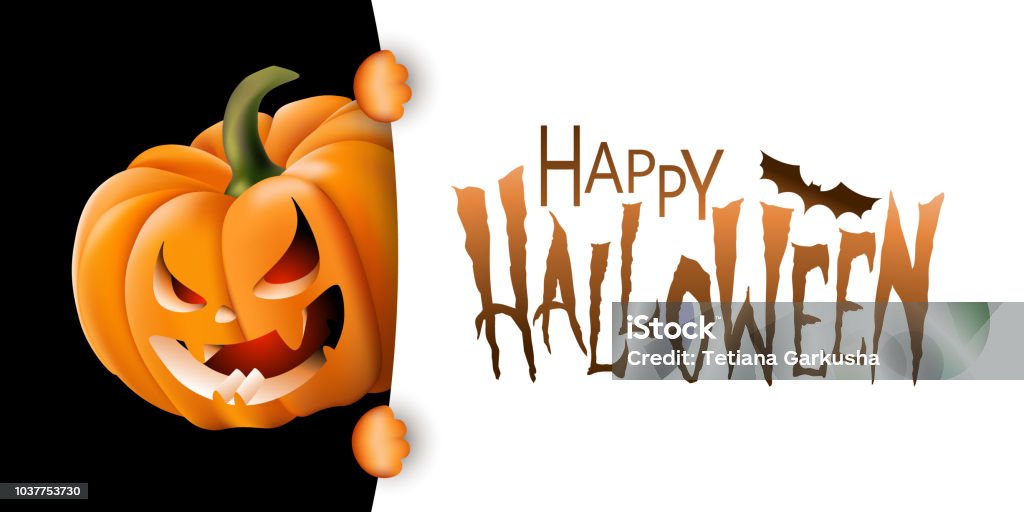 Halloween banner or postcard Halloween background with festive carved pumpkin and Happy Halloween text message. Vector illustration Halloween stock vector