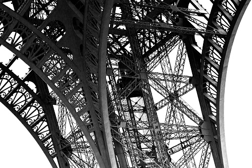 A detail of the iron Eiffel tower construction, architecture, black and white photography