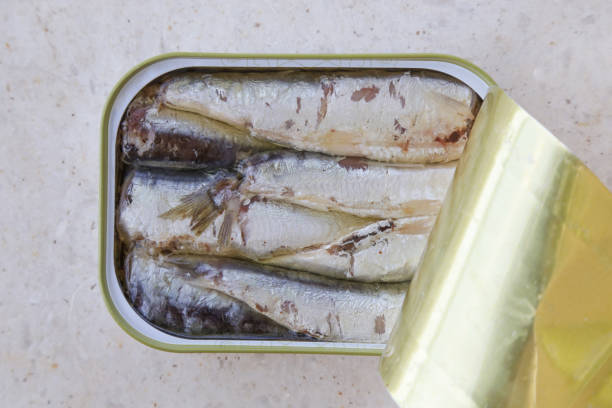 istock Open can of sardines in oil, top view 1037791812
