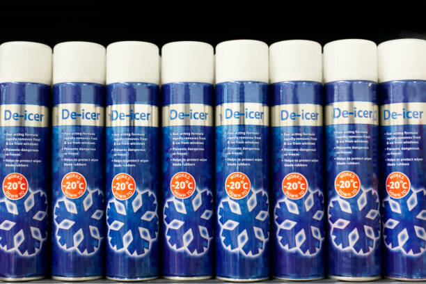 Deicer Antifreeze Spray Cans In Row On Shelf In Shop During Winter, Deicer  Spray 