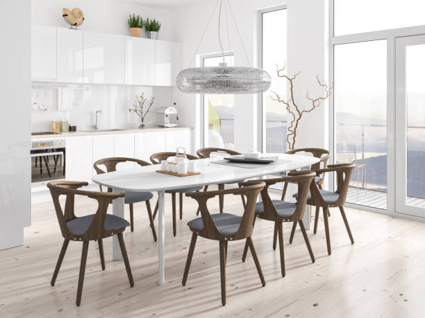 Modern kitchen with dining room stock photo