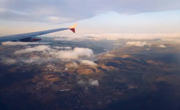 Photo of The aerial view of Hobart the capital city of Tasmania state of Australia at dawn, View from airplane.