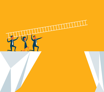 Business team using ladder to cross through the gap between hill. Business Teamwork ,risk and success concept. - Illustration