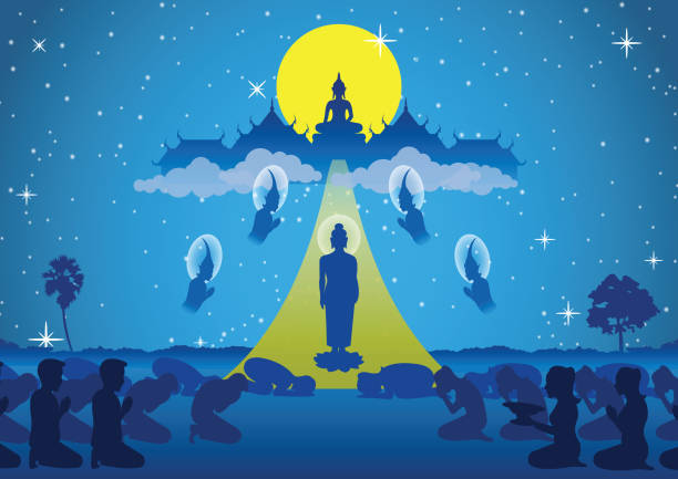 ilustrações de stock, clip art, desenhos animados e ícones de lord of buddha walk down from heaven that for visit and teach his mom in dharma,the begin of tak bat thewo and the end of buddhist lent day.surround by angel monk and buddhist - buddhist puja