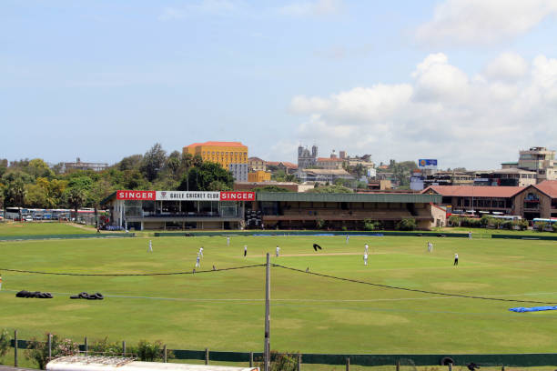The green cricket field or stadium around Galle Fort. stock photo