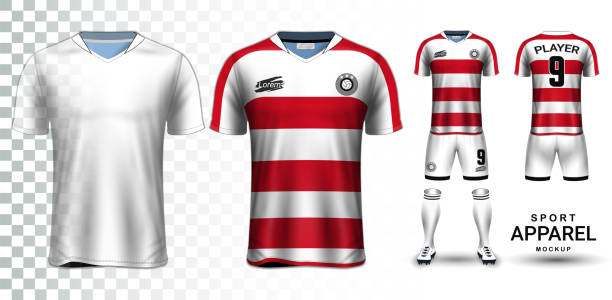 soccer jersey i football kit prezentacja mockup, t-shirt z przodu i z tyłu widok i jest w pełni dostosowanie izolowane na przezroczystym tle, może być używany jako szablon z własnym projektem. - rugby shirt stock illustrations