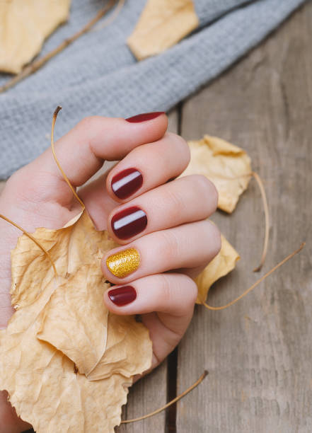 istock Female hand with dark red nail design 1037952386