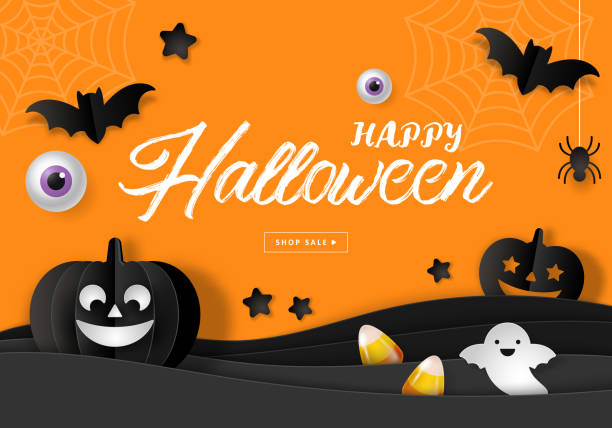 illustrazioni stock, clip art, cartoni animati e icone di tendenza di design dello striscione di vendita di halloween - halloween candy candy corn backgrounds