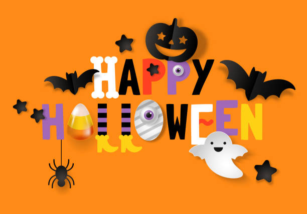 Happy Halloween banner design Happy Halloween banner design with typography and decorations background. Vector illustration candy corn stock illustrations