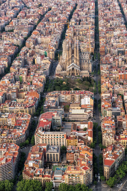 istock Barcelona aerial view, Eixample residencial district, Spain. Typical urban grid 1037962236