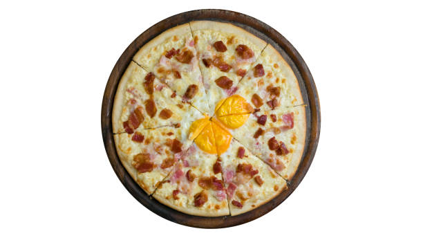 Pizza with eggs, clipping paths on white background stock photo