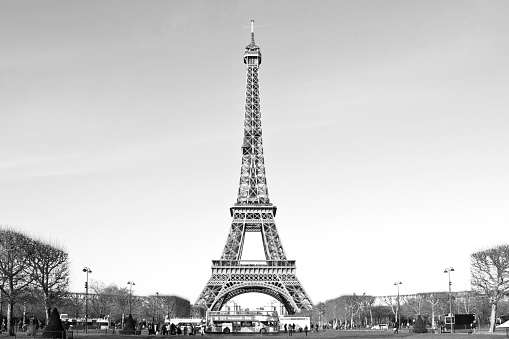 Paris, France - December 10, 2017: A panoramic view of the French Eiffeltower in the city of Paris, black and white street photography