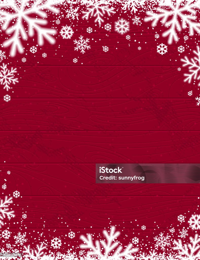 Sfondo natalizio in legno rosso con fiocchi di neve bianchi sfocati, illustrazione vettoriale - arte vettoriale royalty-free di Sfondi