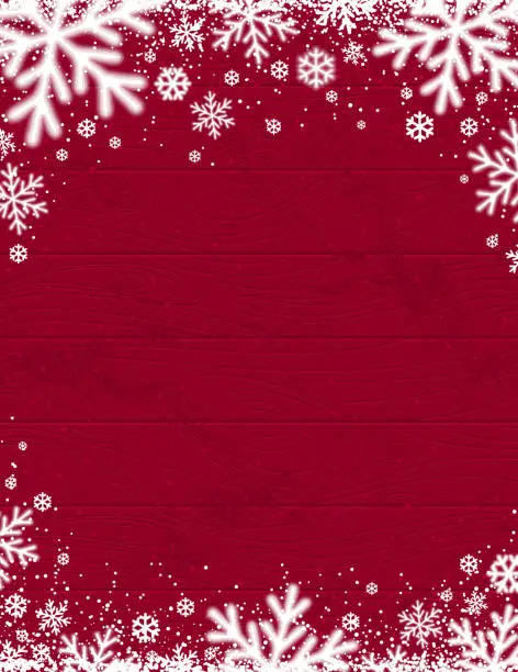 Vector illustration of Red Wooden christmas background with blurred white snowflakes, vector illustration