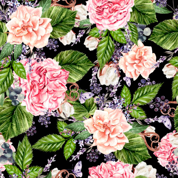 istock Beautiful watercolor seamless pattern with flowers of  rose, peony, lavender and cotton. 1038017592