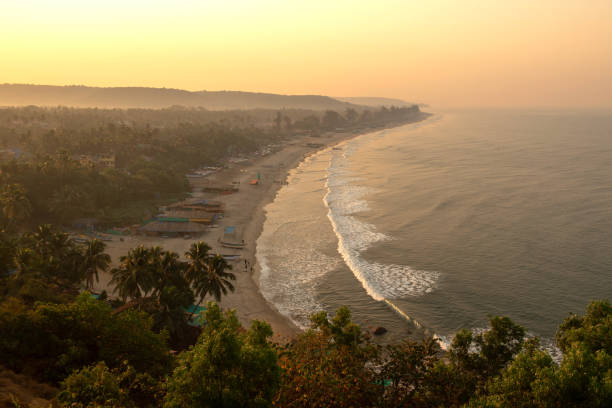 istock Arambol beach in dawn. Early morning time. Mountain view. 1038027048