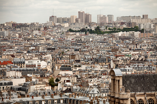 Elevated view of the buildings and suburbs of Paris, France, seen from the top of the Notre Dame CathedralElevated view of the buildings and suburbs of Paris, France, seen from the top of the Notre Dame Cathedral
