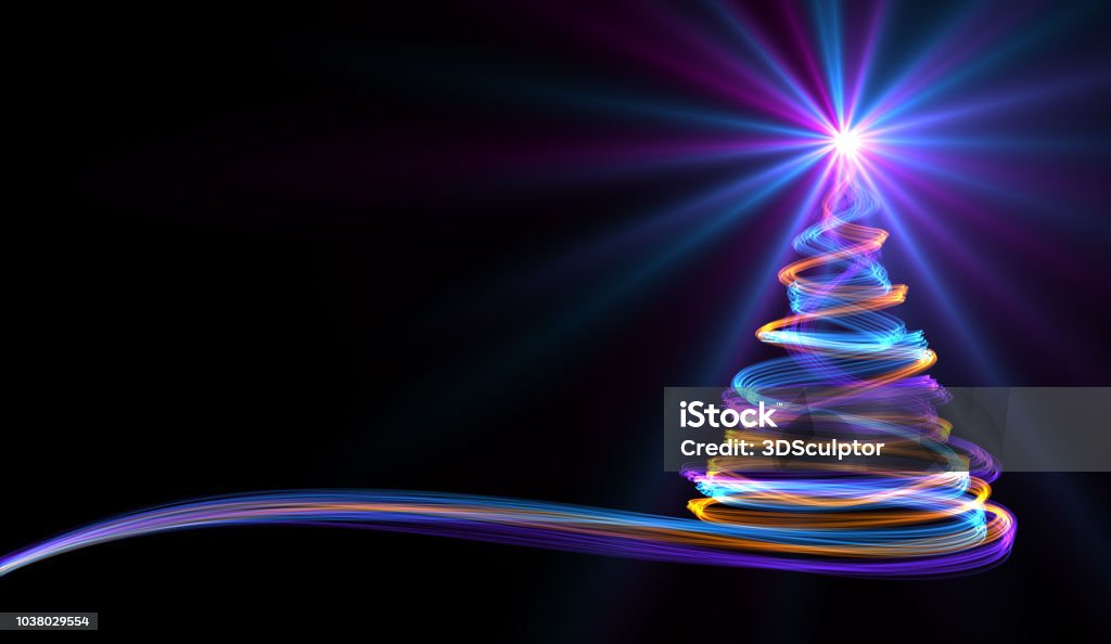 Christmas Tree From Yellow, Blue And Purple Neon Streaks Christmas Tree From Yellow, Blue And Purple Neon Streaks. 3D Illustration. Christmas Stock Photo