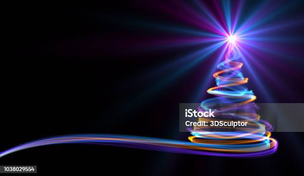Christmas Tree From Yellow Blue And Purple Neon Streaks Stock Photo - Download Image Now