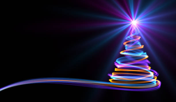 christmas tree from yellow, blue and purple neon streaks - romance three dimensional digitally generated image ideas imagens e fotografias de stock