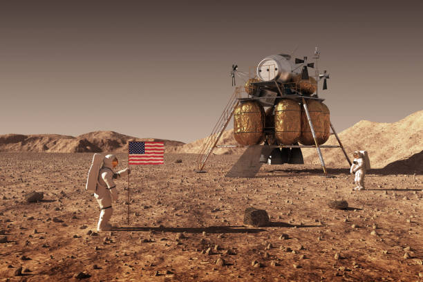 istock Astronauts Set An American Flag On The Planet Mars 1038029586