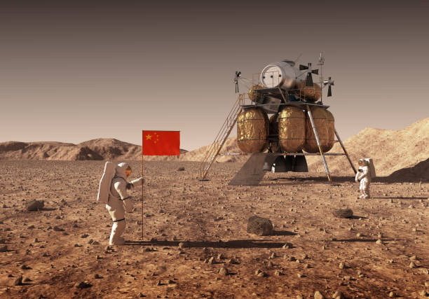 Astronauts Set An Chinese Flag On The Planet Mars stock photo