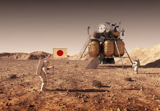 istock Astronauts Set An Japanese Flag On The Planet Mars 1038029712
