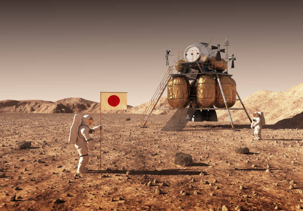 Astronauts Set An Japanese Flag On The Planet Mars Astronauts Set An Japanese Flag On The Planet Mars. 3D Illustration. lander spacecraft stock pictures, royalty-free photos & images