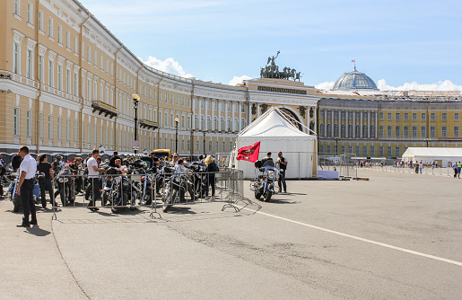St. Petersburg, Russia - 4 August, 2018.\nHarley Davidson Festival at the Palace Square in St. Petersburg.\nMotorcycles at the main headquarters in the palace square.