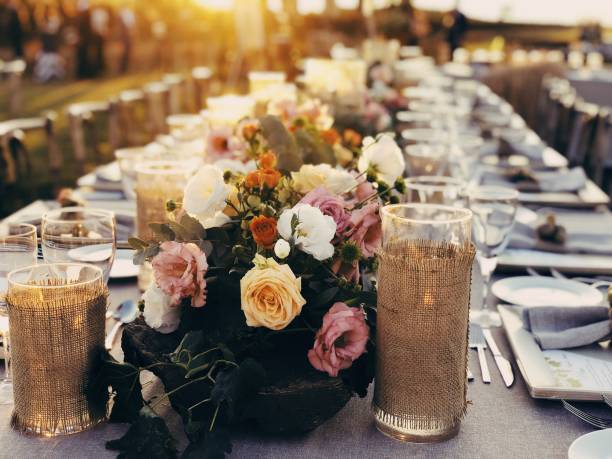 Enchanting Wedding ceremony setting at sunset stock photo