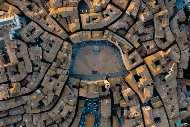 Piazza del Campo, Siena - Birds Eye View Piazza del Campo, Siena, Italy - Birds Eye View, Aerial View town square stock pictures, royalty-free photos & images