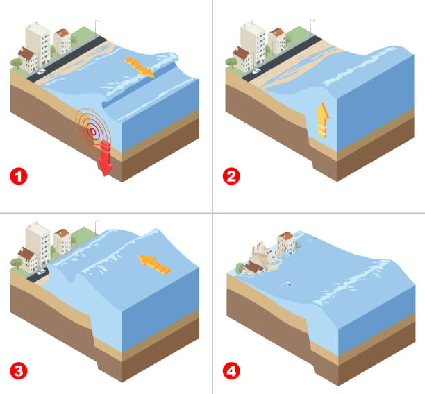 tsunami katastrophe infografik - isometric sea coastline beach stock-grafiken, -clipart, -cartoons und -symbole